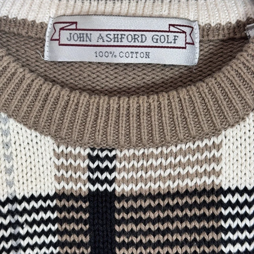 JOHN ASHFORD GOLF Men's Crew Neck Sweater Medium‎ Plaid Tan Preppy Golfer